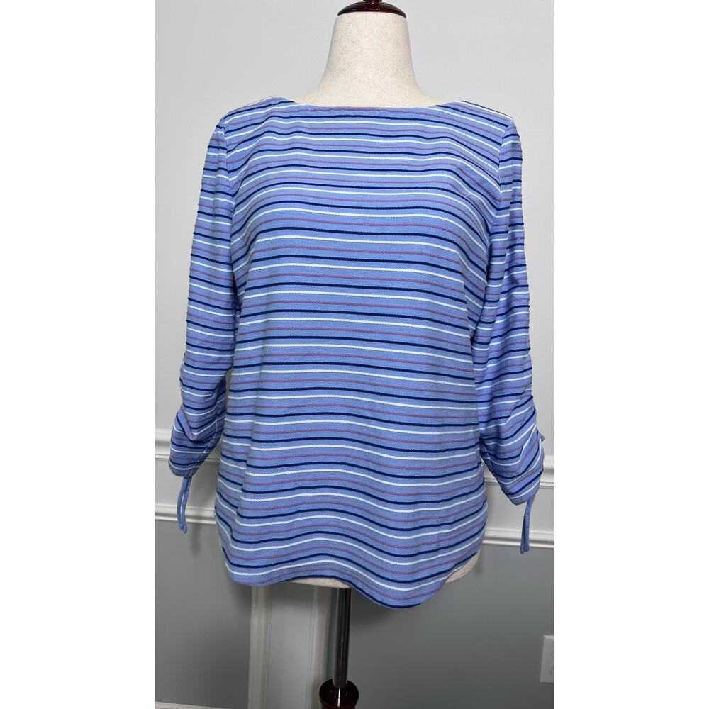 Talbots (L)Textured‎ Ruched-Sleeve Top-Striped-Nautical-Coastal-Blue-Travel-Soft